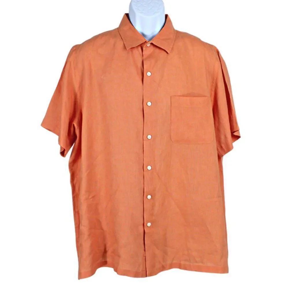 Shirt Short Sleeve Linen Button Up Casual Collared Coastal Grandpa Orange Men XL
